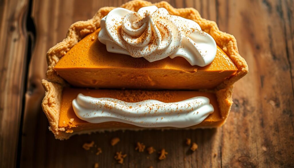 A beautifully lit overhead view of a cross-section of a Milk Bar pumpkin pie, revealing its intricate layering technique. In the foreground, delicate crumbs of golden pie crust form the base, while a thick layer of creamy pumpkin filling sits atop. Swirls of fresh whipped cream adorn the middle, with a dusting of warm spices like cinnamon and nutmeg across the surface. The background showcases a rustic wooden table, lending an earthy, homemade feel to the composition. Crisp shadows and soft highlights create depth and dimension, highlighting the artful construction of this signature Milk Bar dessert.